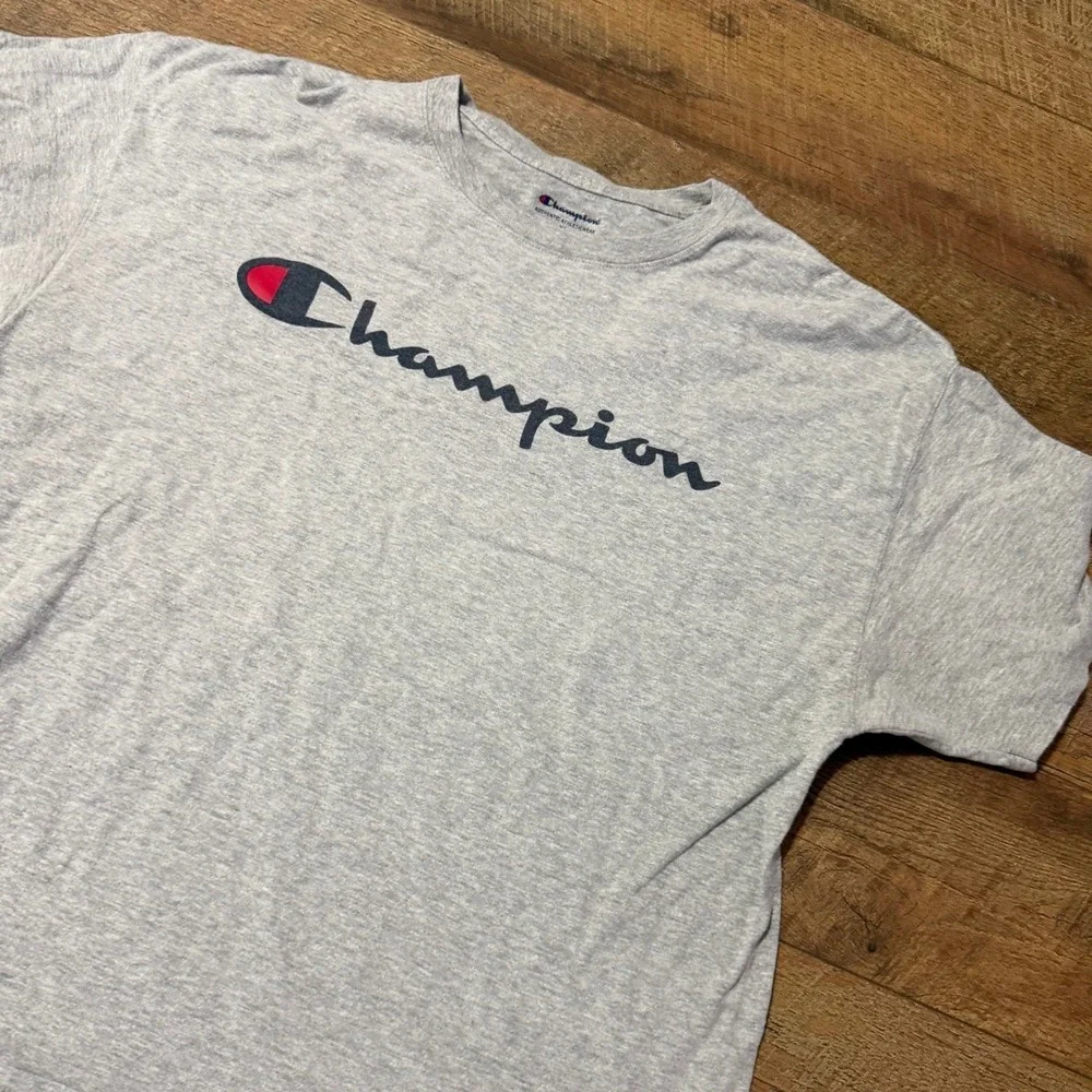 Champion Mens Script Logo T-Shirt Heather Gray Short Sleeve Crew Neck XL - Picture 3 of 6